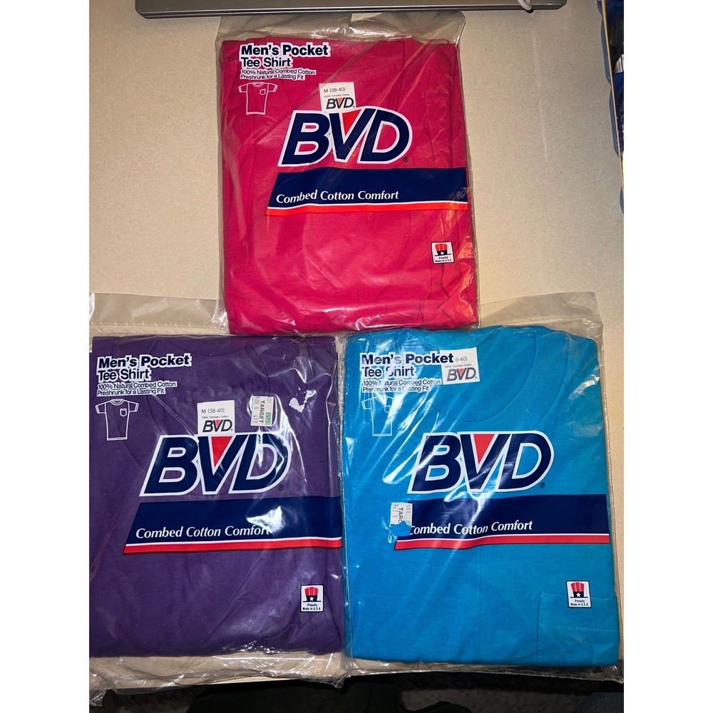Vintage BVD Mens Pocket Tee Shirt 3 Pack Combed Cotton Made in USA Size M 38-40